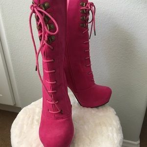 Hot Pink Lace Up Mid Calf Boots